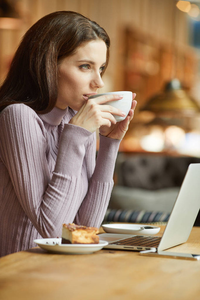 Beautiful brunette using laptop in cafe - Foto, imagen