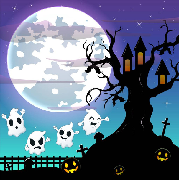 Halloween night background with flying ghost and bats hanging on scary tree house - Vector, Image