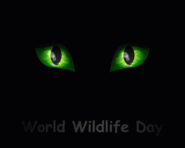 Green dangerous wild cat eyes on black background. Vector Illustration. World Wildlife Day - Vector, Image