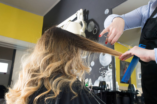 Hairdresser trimming ombre hair with scissors - Photo, Image
