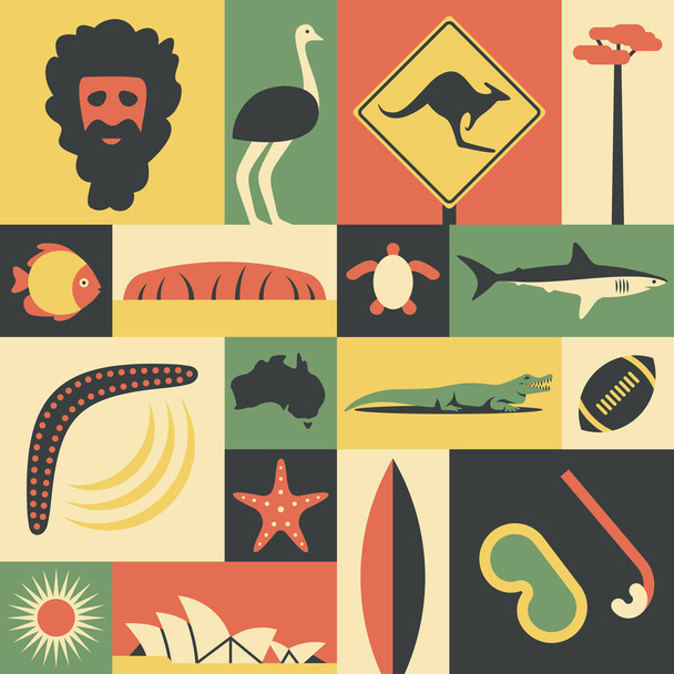 Австралія, вектор плоскої ілюстрації, набір іконок, Орієнтир. Людина, страус, дорожній знак, дерево, риби, Гора, черепаха, акула, Бумеранг, Карта світу, Морська зірка, крокодила, спорт, сонце, opera, серфінг, маска - Вектор, зображення