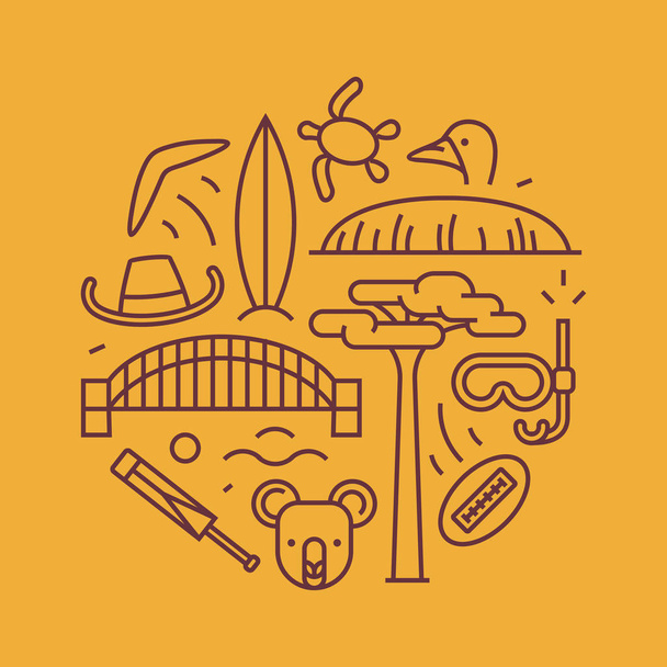 Australia, ilustración de esquema vectorial, patrón. bumerán, sombrero, siervo, puente, grillo, koala, árbol Baobab, deporte, montaña Uluru, avestruz, tortuga
 - Vector, imagen