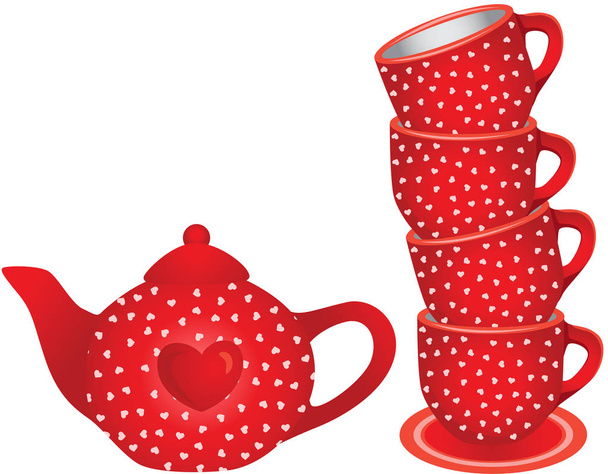 Stack of red tea cups and teapot with hearts - Vector, Image