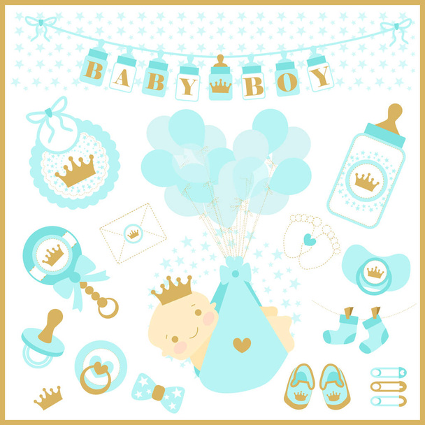Baby boy shower vector set of design elements.  Cute collection prince.  - Vector, Image