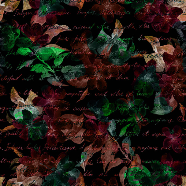 Night mysterious flowers, hand written letter text. Black background. Seamless pattern - Foto, imagen