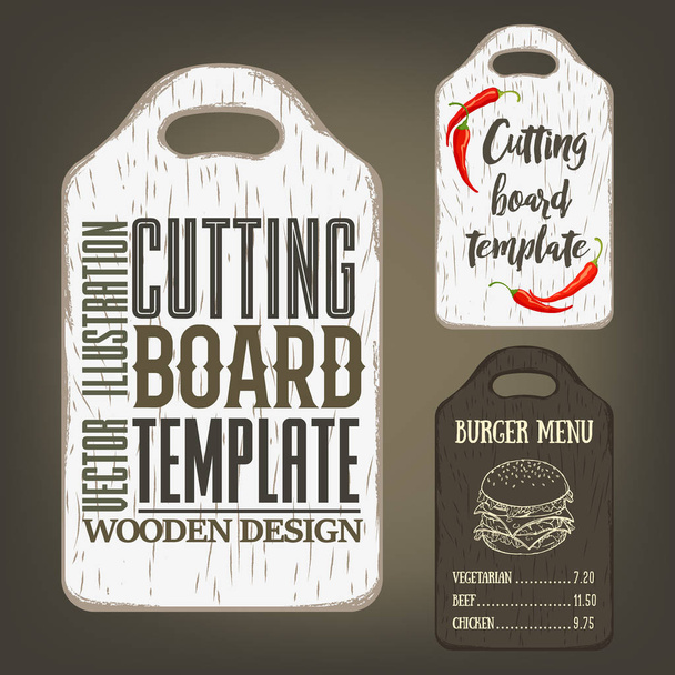 Hand drawn cutting board mockup with usage examples. Vector illustration with textured rectangular plank used as template for label, logo, card, poster, advertising bar or pizzeria menu. - Vektori, kuva