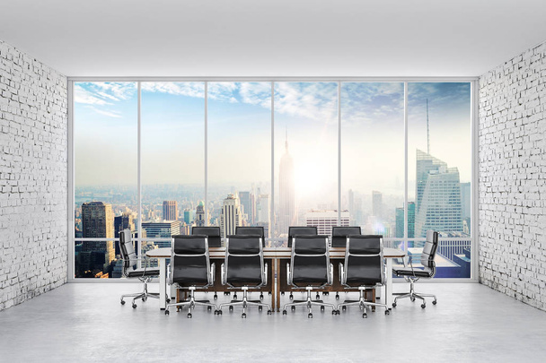 Ufficio conferenze 3d con una grande finestra e pareti di mattoni bianchi
 - Foto, immagini