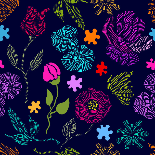 Spring colors. Floral seamless vector pattern with embroidery wildflowers. - Διάνυσμα, εικόνα