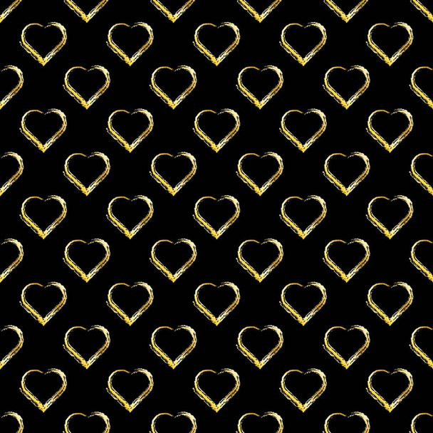Seamless pattern of gold hearts on black background. - Vektor, obrázek