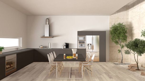 Cocina blanca y gris con jardín interior, mínimo deseo interior
 - Foto, Imagen