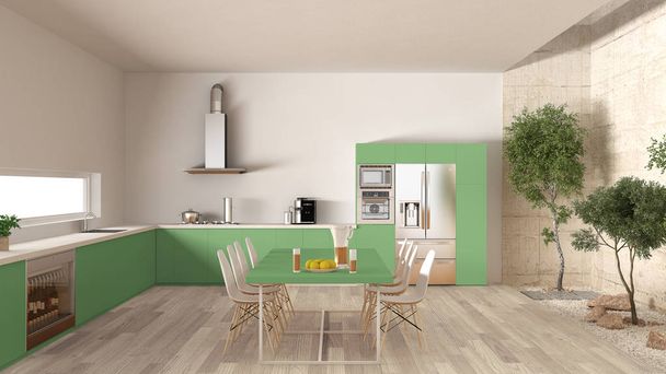 Cocina blanca y verde con jardín interior, mínimo desi interior
 - Foto, Imagen