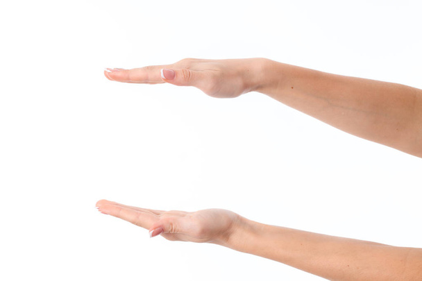 two female hands outstretched toward the one opposite the other isolated on white background - Valokuva, kuva