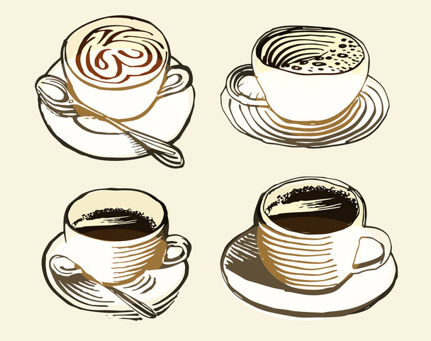 レトロなスタイルのロゴ セット、コーヒー家ベクトル図のロゴタイプ コレクションに分離茶色カップ. - ベクター画像