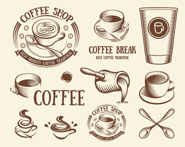 Isolated brown color cup in retro style logos set, logotypes collection for coffee shop vector illustration. - Διάνυσμα, εικόνα