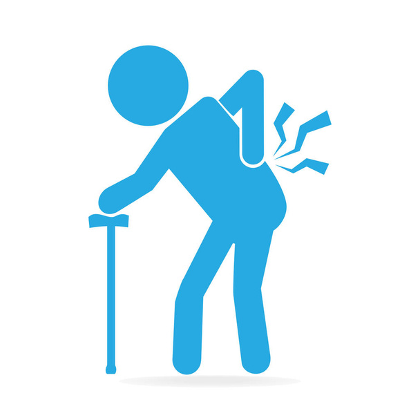 Пожилой человек с палкой и повреждением иконы боли в спине
 - Вектор,изображение