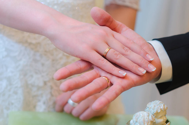 Groom segura a mão da noiva em sua mão. dia do casamento
 - Foto, Imagem