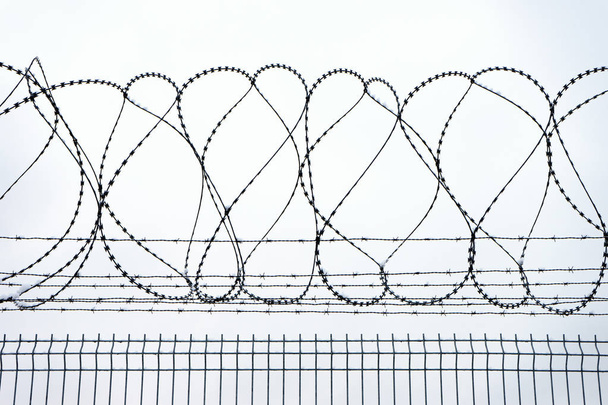 Металлический забор Часть металлической решетки забор с колючей проволокой в верхней части
 - Фото, изображение