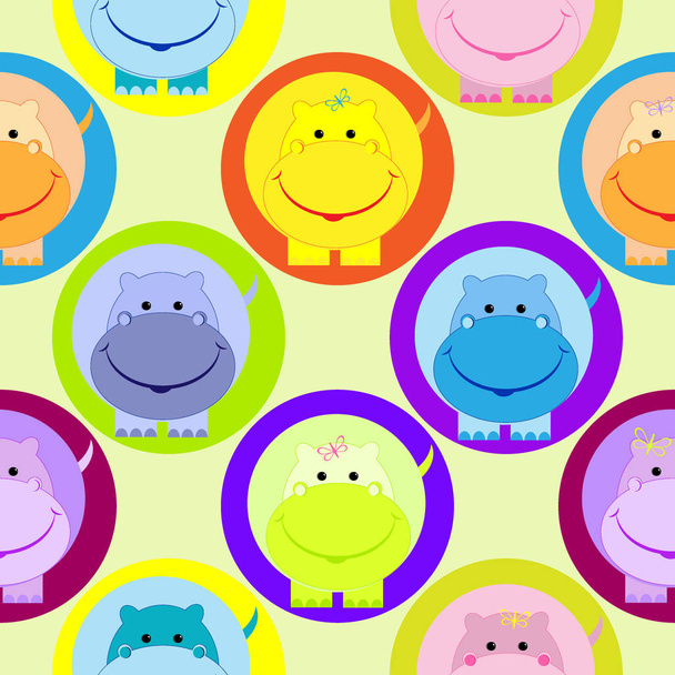 Seamless children pattern with cute colored hippo in the circle vector illustration - ベクター画像