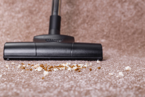 Vacuuming carpet with vacuum cleaner. Housework. - Фото, зображення