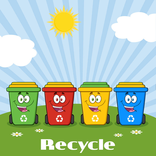 Τέσσερα χρώμα ανακύκλωσης δοχεία κινουμένων σχεδίων  - Διάνυσμα, εικόνα