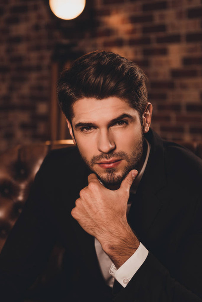 Portrait of bearded handsome minded businessman in black suit to - Photo, image