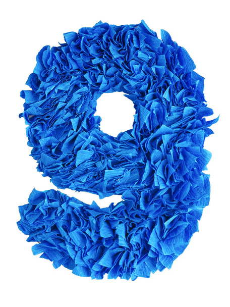 Nine. Handmade number 9 from blue scraps of paper - Foto, afbeelding
