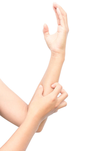 Женская рука царапает на белом фоне для здоровой концепции
 - Фото, изображение
