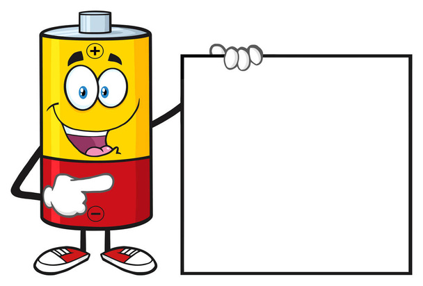 Bateria Cartoon Mascote Caráter Apontando
  - Vetor, Imagem