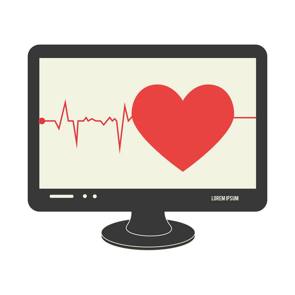 tech screen computer in wide flat with heart and life signs - Vector, Image