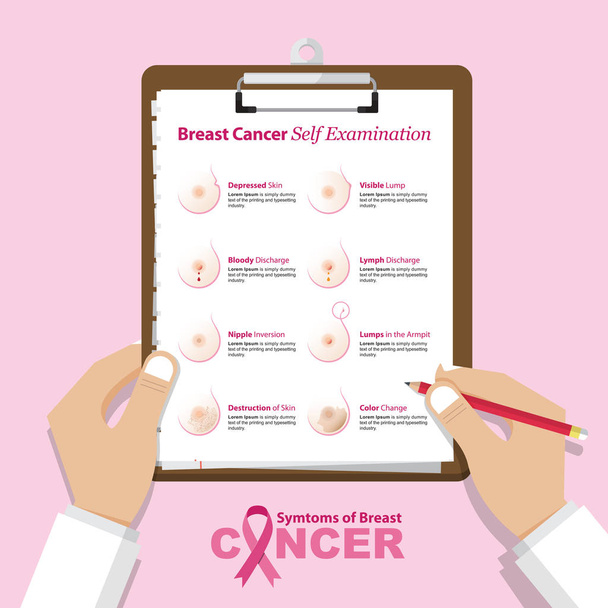 Infografica per la consapevolezza del cancro al seno in forma piatta. Appunti della Checklist. Rapporto medico-sanitario
. - Vettoriali, immagini