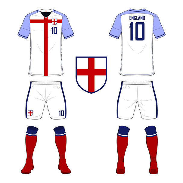 Conjunto de camiseta de fútbol o plantilla de kit de fútbol para la selección de fútbol de Inglaterra. Uniforme de fútbol con vista frontal y trasera. Camisa deportiva maqueta
.  - Vector, imagen