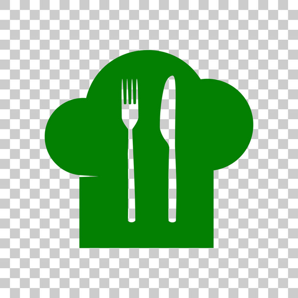 Kochmütze und Kochlöffel, Gabel, Messerschild. dunkelgrünes Symbol auf transparentem Hintergrund. - Vektor, Bild