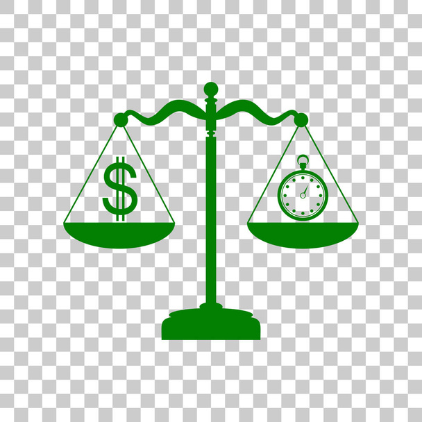 Stopwatch and dollar symbol on scales. Dark green icon on transparent background. - Vector, Image