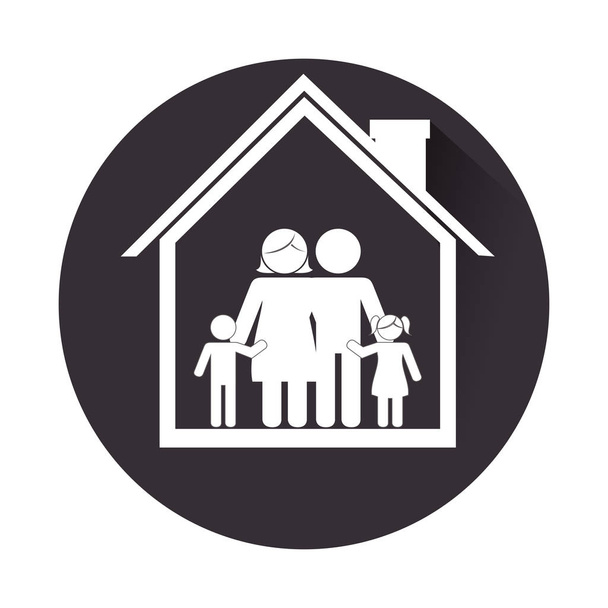 marco circular monocromo con familia en casa
 - Vector, Imagen