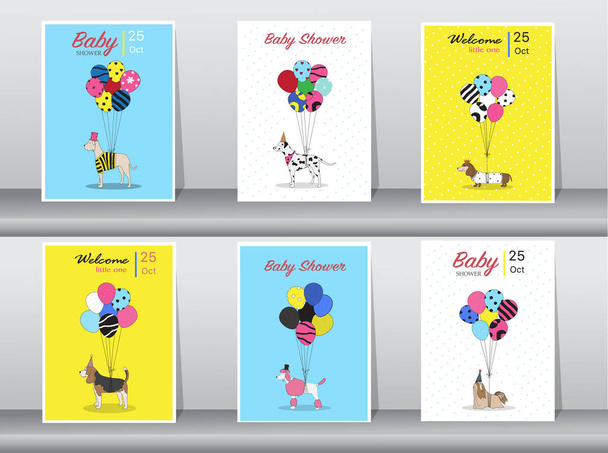 Conjunto de tarjetas de ducha para bebés, color vintage, póster, plantilla, tarjetas de felicitación, globos, animales, perros, ilustraciones vectoriales
 - Vector, imagen