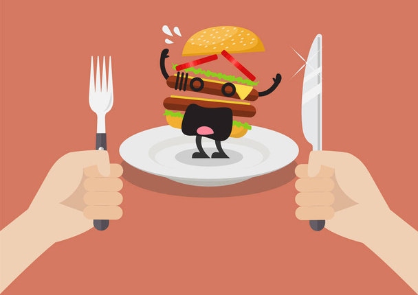 Man bang hamburger eten bereiden - Vector, afbeelding