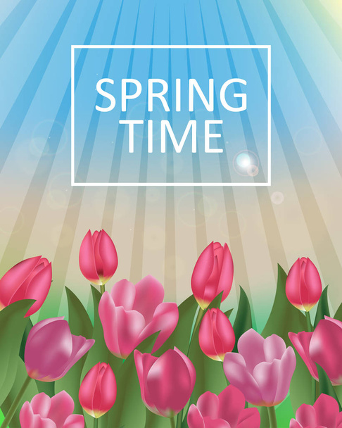 Background spring flowers with colorful tulips and space for message. Vectormessage. Vector - Vector, afbeelding