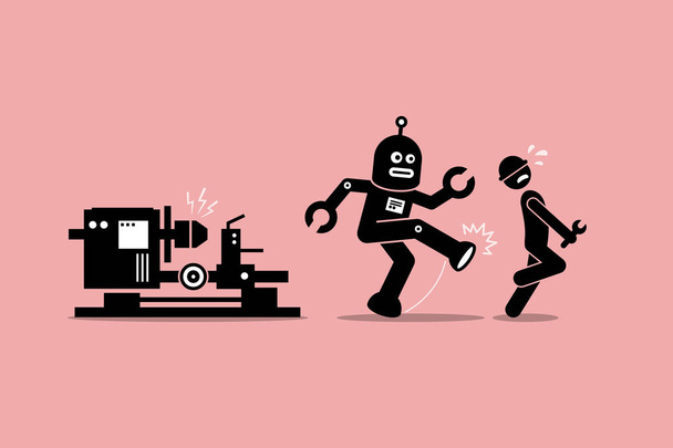 Μηχανικό ρομπότ κλωτσιές μακριά ανθρώπινη τεχνικός εργαζόμενος από το να κάνει τη δουλειά του στο εργοστάσιο. - Διάνυσμα, εικόνα