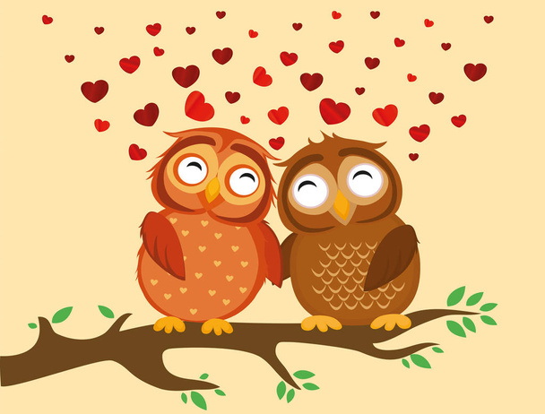A pair of cute owlet sitting on a branch. Owls in love hearts  - Вектор, зображення