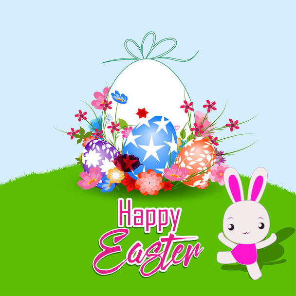 Happy Easter card with bunny, eggs and  lowers  - Vector, Image