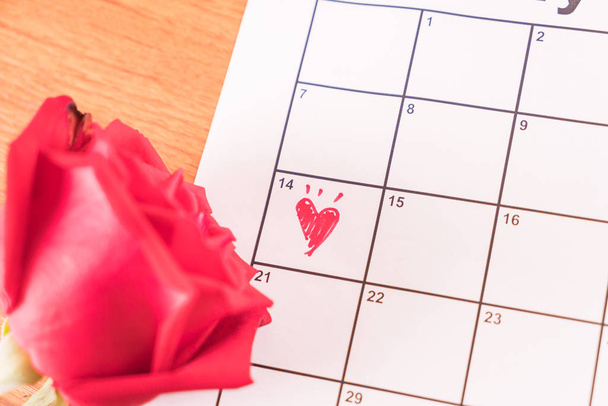 rose on the calendar with the date of February 14 Valentine's da - Zdjęcie, obraz