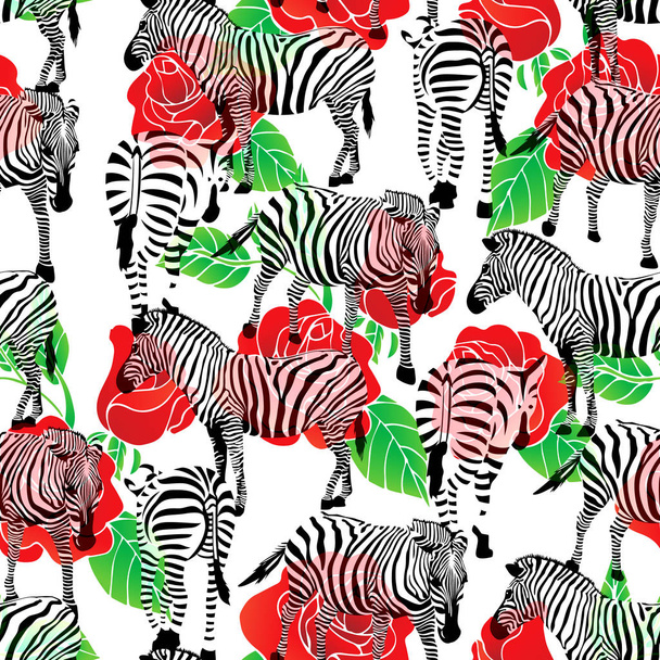 zebra seamless pattern with red roses.  - Vector, Image
