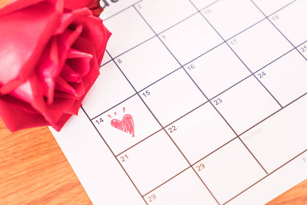 rose on the calendar with the date of February 14 Valentine's da - Foto, Imagem