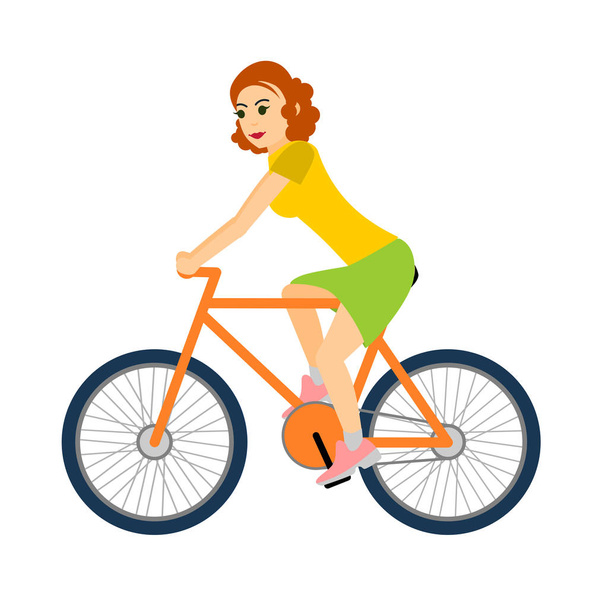 Kobieta rowerzysta jeździ rowerem. Wektor ilustracja na białym tle - Wektor, obraz
