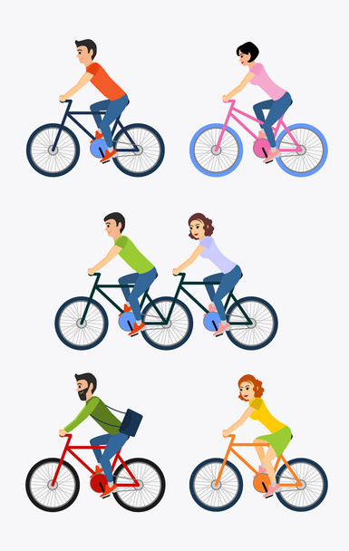Vektor Illustration Set von Radfahrern Fahrrad fahren einschließlich Tandem-Fahrrad. - Vektor, Bild