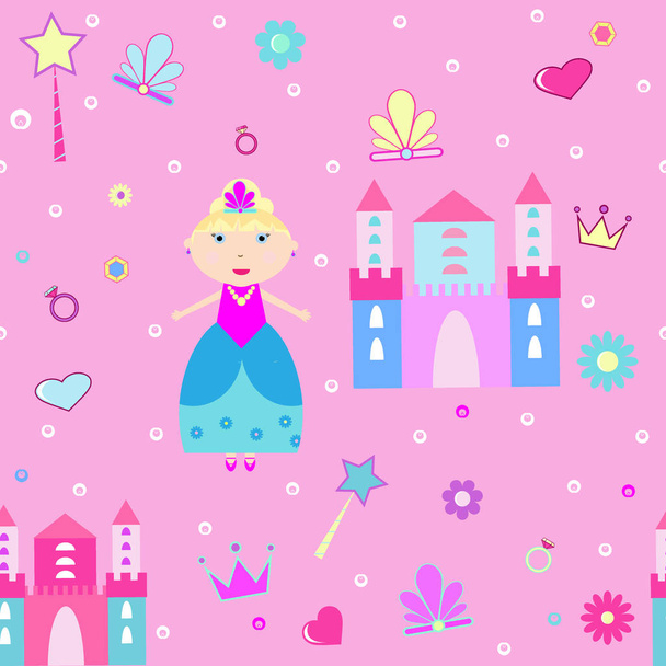 Prinzessin Mädchen nahtlose Muster mit Krone, Burg, Cartoon Herz rosa Hintergrund Vektor-Illustration - Vektor, Bild