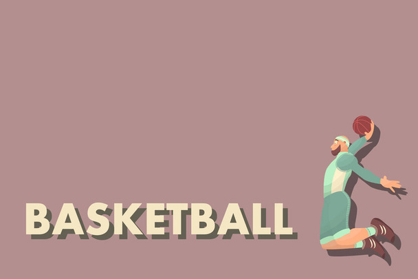 フラット ボールを持つコミック バスケット ボール プレイヤー。漫画画像 - ベクター画像