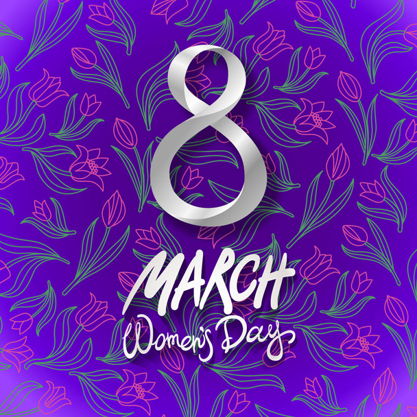 March 8 greeting card. International Womans Day. vector. violet background. flower tulip - Vector, Image