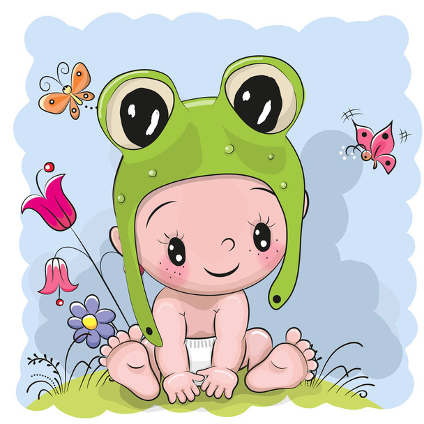 Carino Cartoon Baby in un cappello da rana sul prato
 - Vettoriali, immagini