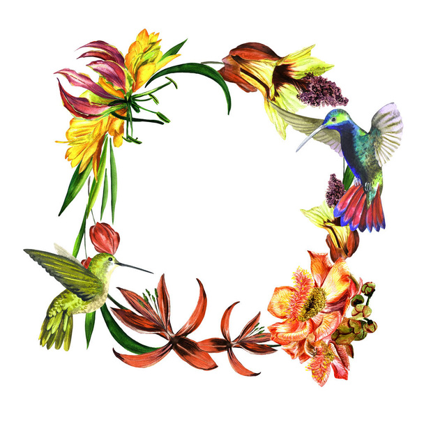 Trópusi Hawaii levelek és virágok-akvarell stílusú elkülönített keret. - Fotó, kép
